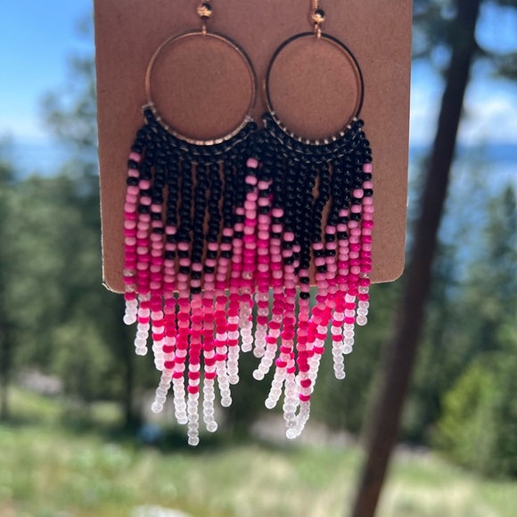 New Pink White Black Hand Beaded tassel boho western tribal earring jewelry gift - Picture 7 of 10